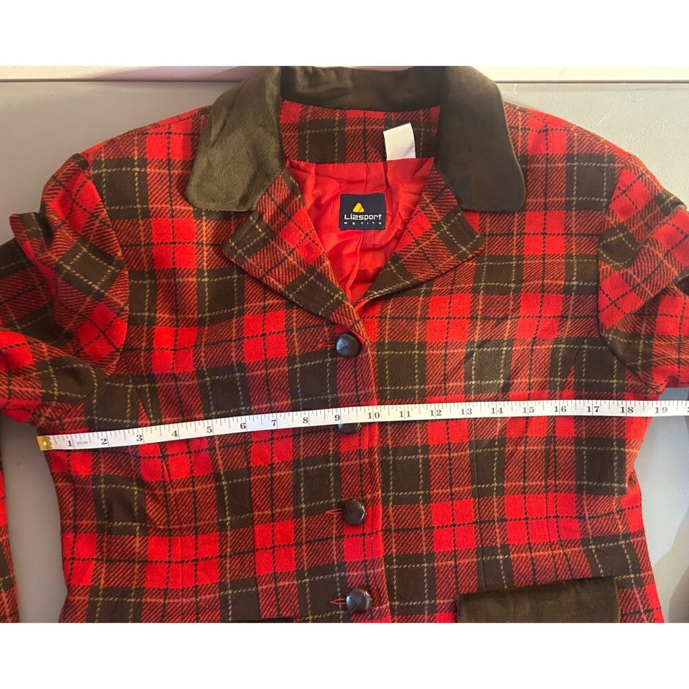 VTG Sz 8P Red & Brown Plaid Wool Blend Blazer Equestrian Academia Classic - Picture 8 of 10